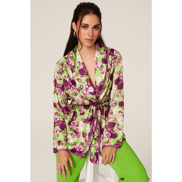 Giovanna Nicolai Silk Floral Wrap Top Size 44 Medium Purple Green Floral Chic - Picture 2 of 12